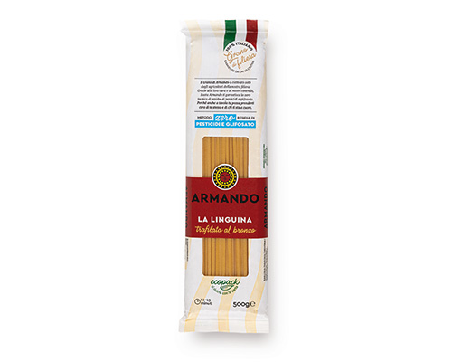 Armando Linguine Al Bronzo 500gr — 100% ιταλικό σιμιγδάλι σκληρού σίτου, τραχιά υφή (al bronzo) για ιδανικό δέσιμο με τη σάλτσα. Premium ζυμαρικά Armando από την Couris SA.