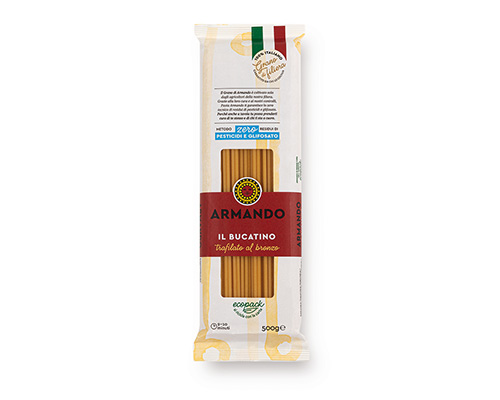 Armando Bucatini Al Bronzo 500gr — 100% ιταλικό σιμιγδάλι σκληρού σίτου, τραχιά υφή (al bronzo) για ιδανικό δέσιμο με τη σάλτσα. Premium ζυμαρικά Armando από την Couris SA.