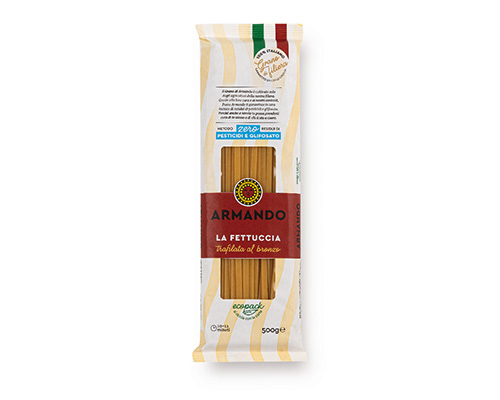 Armando Fettuccine Al Bronzo 500gr — 100% ιταλικό σιμιγδάλι σκληρού σίτου, τραχιά υφή (al bronzo) για ιδανικό δέσιμο με τη σάλτσα. Premium ζυμαρικά Armando από την Couris SA.