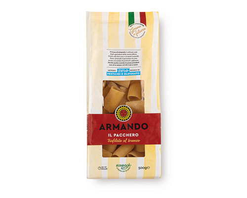 Armando Paccheri Al Bronzo 500gr — 100% ιταλικό σιμιγδάλι σκληρού σίτου, τραχιά υφή (al bronzo) για ιδανικό δέσιμο με τη σάλτσα. Premium ζυμαρικά Armando από την Couris SA.