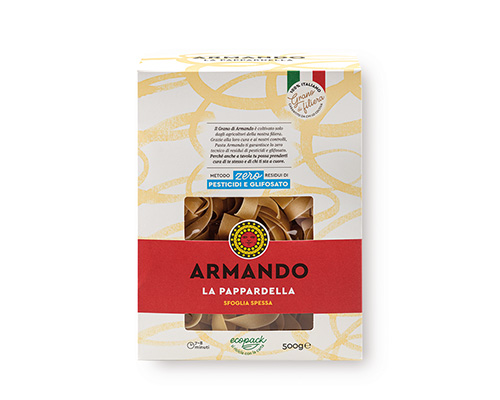 Armando Pappardelle Al Bronzo 500gr — 100% ιταλικό σιμιγδάλι σκληρού σίτου, τραχιά υφή (al bronzo) για ιδανικό δέσιμο με τη σάλτσα. Premium ζυμαρικά Armando από την Couris SA.