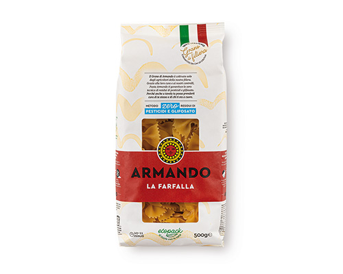 Armando Farfalle Al Bronzo 500gr — 100% ιταλικό σιμιγδάλι σκληρού σίτου, τραχιά υφή (al bronzo) για ιδανικό δέσιμο με τη σάλτσα. Premium ζυμαρικά Armando από την Couris SA.
