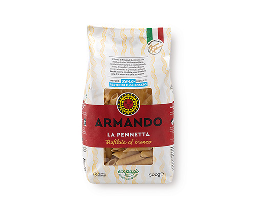 Armando Penne Al Bronzo 500gr — 100% ιταλικό σιμιγδάλι σκληρού σίτου, τραχιά υφή (al bronzo) για ιδανικό δέσιμο με τη σάλτσα. Premium ζυμαρικά Armando από την Couris SA.