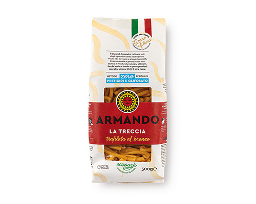 Armando Trecce Al Bronzo 500gr — 100% ιταλικό σιμιγδάλι σκληρού σίτου, τραχιά υφή (al bronzo) για ιδανικό δέσιμο με τη σάλτσα. Premium ζυμαρικά Armando από την Couris SA.