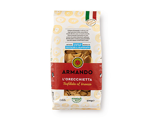 Armando Orecchiette Al Bronzo 500gr — 100% ιταλικό σιμιγδάλι σκληρού σίτου, τραχιά υφή (al bronzo) για ιδανικό δέσιμο με τη σάλτσα. Premium ζυμαρικά Armando από την Couris SA.