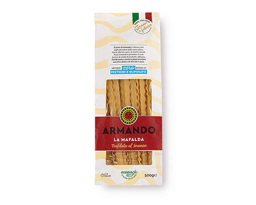 Armando Mafaldine Al Bronzo 500gr — 100% ιταλικό σιμιγδάλι σκληρού σίτου, τραχιά υφή (al bronzo) για ιδανικό δέσιμο με τη σάλτσα. Premium ζυμαρικά Armando από την Couris SA.