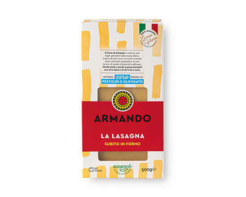 Armando Lasagna Al Bronzo 500gr — 100% ιταλικό σιμιγδάλι σκληρού σίτου, τραχιά υφή (al bronzo) για ιδανικό δέσιμο με τη σάλτσα. Premium ζυμαρικά Armando από την Couris SA.