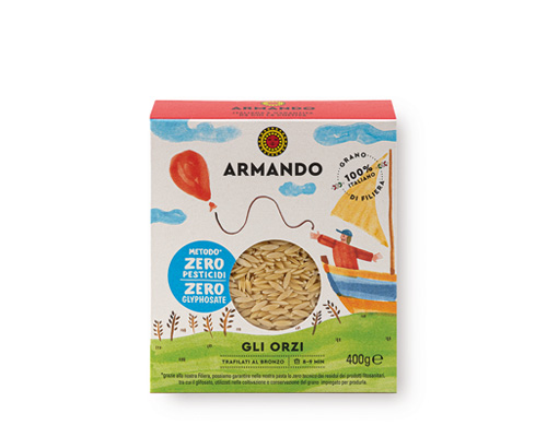 Armando Orzo Al Bronzo 400gr — 100% ιταλικό σιμιγδάλι σκληρού σίτου, τραχιά υφή (al bronzo) για ιδανικό δέσιμο με τη σάλτσα. Premium ζυμαρικά Armando από την Couris SA.