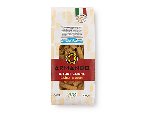Armando Tortiglioni Al Bronzo 500gr — 100% ιταλικό σιμιγδάλι σκληρού σίτου, τραχιά υφή (al bronzo) για ιδανικό δέσιμο με τη σάλτσα. Premium ζυμαρικά Armando από την Couris SA.