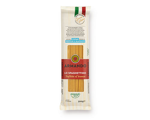 Armando Spaghettini Al Bronzo 500gr — 100% ιταλικό σιμιγδάλι σκληρού σίτου, τραχιά υφή (al bronzo) για ιδανικό δέσιμο με τη σάλτσα. Premium ζυμαρικά Armando από την Couris SA.