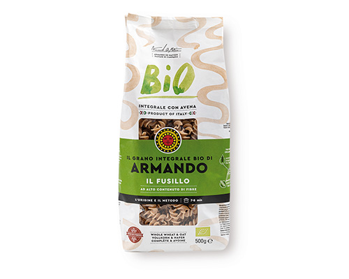 Armando Fusilli Whole Wheat BIO Al Bronzo 500gr — 100% ιταλικό σιμιγδάλι σκληρού σίτου, τραχιά υφή (al bronzo) για ιδανικό δέσιμο με τη σάλτσα. Premium ζυμαρικά Armando από την Couris SA.