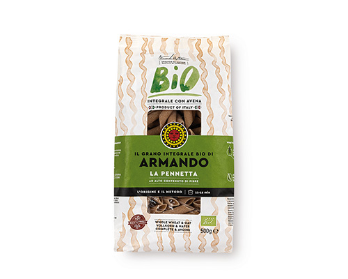 Armando Penne Whole Wheat BIO Al Bronzo 500gr — 100% ιταλικό σιμιγδάλι σκληρού σίτου, τραχιά υφή (al bronzo) για ιδανικό δέσιμο με τη σάλτσα. Premium ζυμαρικά Armando από την Couris SA.