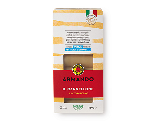Armando Cannelloni Al Bronzo 250gr — 100% ιταλικό σιμιγδάλι σκληρού σίτου, τραχιά υφή (al bronzo) για ιδανικό δέσιμο με τη σάλτσα. Premium ζυμαρικά Armando από την Couris SA.
