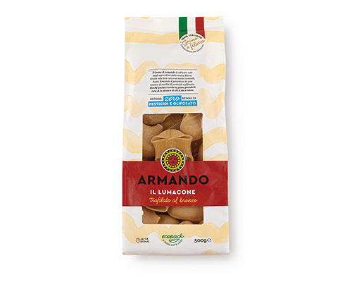 Armando Lumacone Al Bronzo 500gr — 100% ιταλικό σιμιγδάλι σκληρού σίτου, τραχιά υφή (al bronzo) για ιδανικό δέσιμο με τη σάλτσα. Premium ζυμαρικά Armando από την Couris SA.