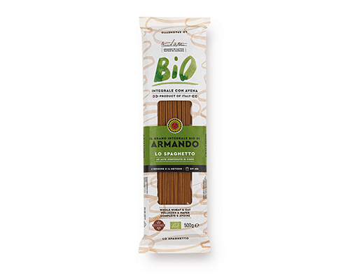 Armando Spaghetti Whole Wheat BIO Al Bronzo 500gr — 100% ιταλικό σιμιγδάλι σκληρού σίτου, τραχιά υφή (al bronzo) για ιδανικό δέσιμο με τη σάλτσα. Premium ζυμαρικά Armando από την Couris SA.