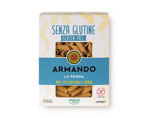 Armando Penne Gluten Free Al Bronzo 400gr — 100% ιταλικό σιμιγδάλι σκληρού σίτου, τραχιά υφή (al bronzo) για ιδανικό δέσιμο με τη σάλτσα. Premium ζυμαρικά Armando από την Couris SA.