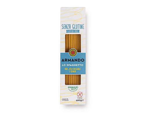 Armando Spaghetti Gluten Free Al Bronzo 400gr — 100% ιταλικό σιμιγδάλι σκληρού σίτου, τραχιά υφή (al bronzo) για ιδανικό δέσιμο με τη σάλτσα. Premium ζυμαρικά Armando από την Couris SA.